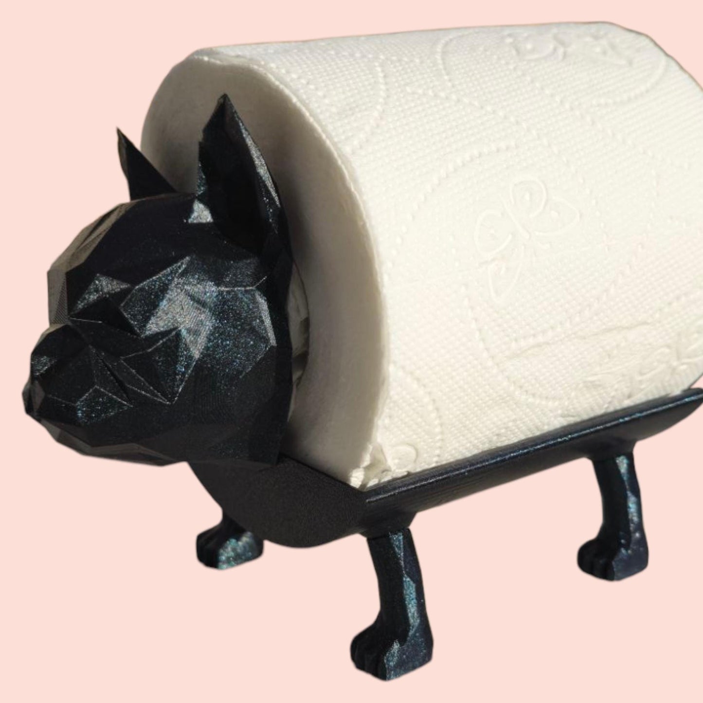 Poly Frenchie Dog Toilet Roll Holder – 3D Printed Fun Bathroom Decor – Blue Glitter Finish