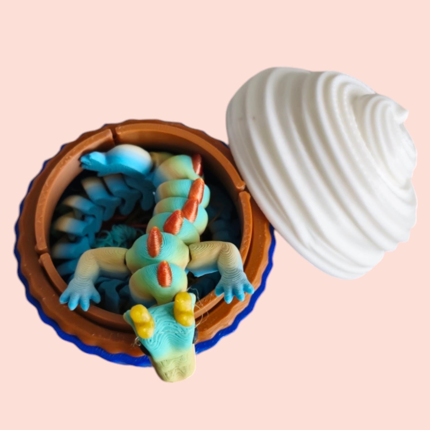 Qinglong Baby Dragon with Cupcake Home – 7" Articulated 3D Printed Dragon Toy & Storage Pod