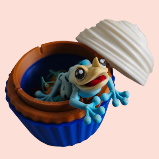 3D Printed Articulated Frog Fidget Toy & Cupcake Container Combo – Desk Statue, Home Decor, Stress Relief