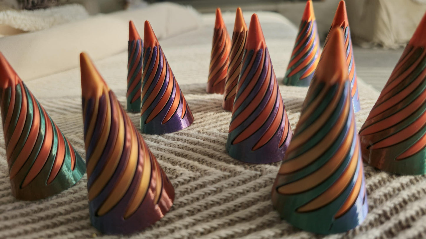 3D Printed Impossible Pyramid Passthrough sensory,anxiety Sculpture,Spiral Cone UK. Tri colour base with duel colour core.
