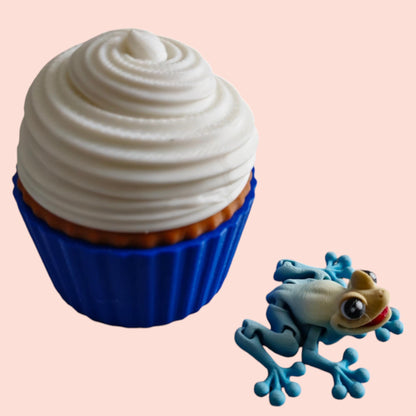 3D Printed Articulated Frog Fidget Toy & Cupcake Container Combo – Desk Statue, Home Decor, Stress Relief